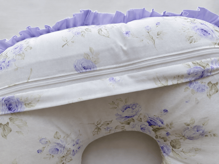 Close-up of the hidden zipper and gathered lavender ruffle on the Lavender Shabby Chic Floral Boppy pillow cover