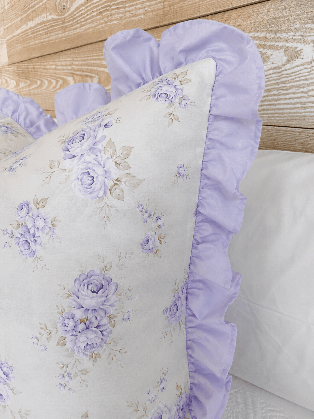 Lavender Shabby Chic Floral ruffled pillow sham in washed cotton, lavender roses and sage on ivory
