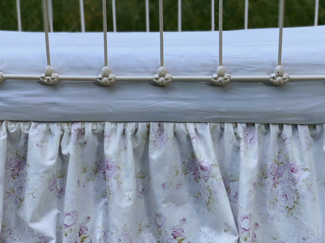 Lavender Shabby Chic Vintage Floral Farmhouse Crib Skirt handmade heirloom nursery - High Cotton Textile
