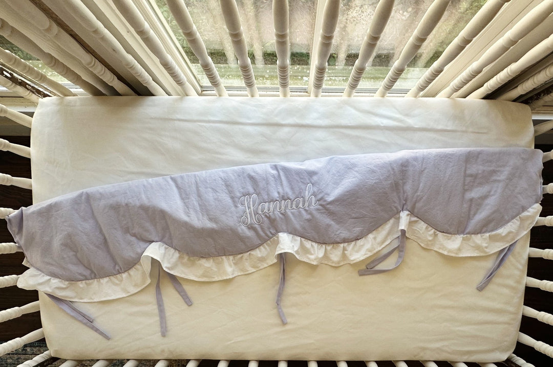 Lavender & White Ruffled Crib Rail Cover | Scallop Personalized Baby Girl Nursery | Teething Guard | Handmade handmade heirloom nursery - High Cotton Textile