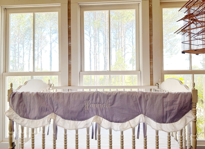 Lavender & White Ruffled Crib Rail Cover | Scallop Personalized Baby Girl Nursery | Teething Guard | Handmade handmade heirloom nursery - High Cotton Textile