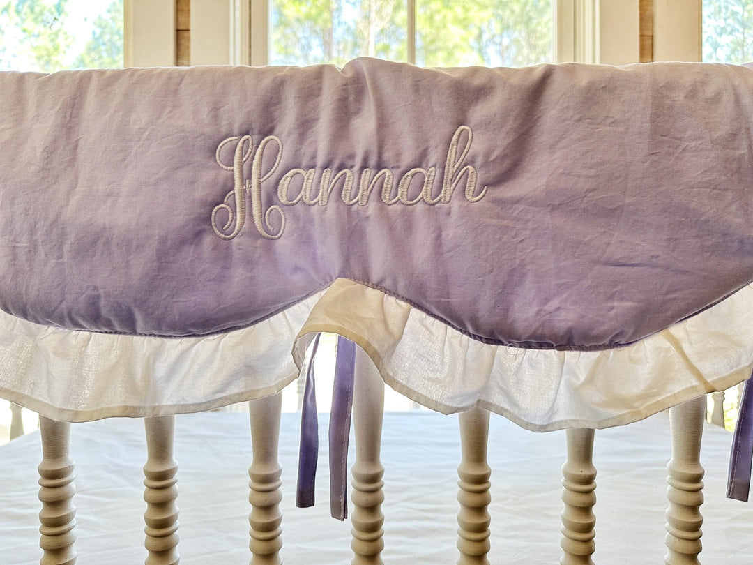 Lavender & White Ruffled Crib Rail Cover | Scallop Personalized Baby Girl Nursery | Teething Guard | Handmade handmade heirloom nursery - High Cotton Textile