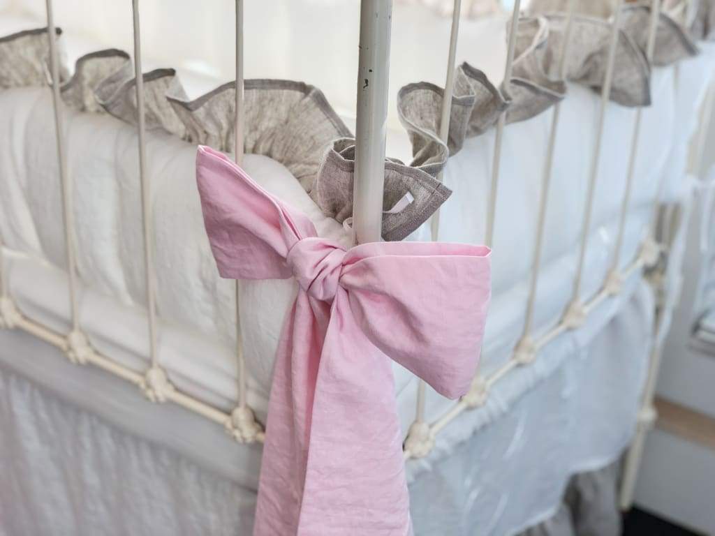 Linen Crib Bedding Set in White and Oatmeal and Petal Pink Bows - High Cotton Textile 