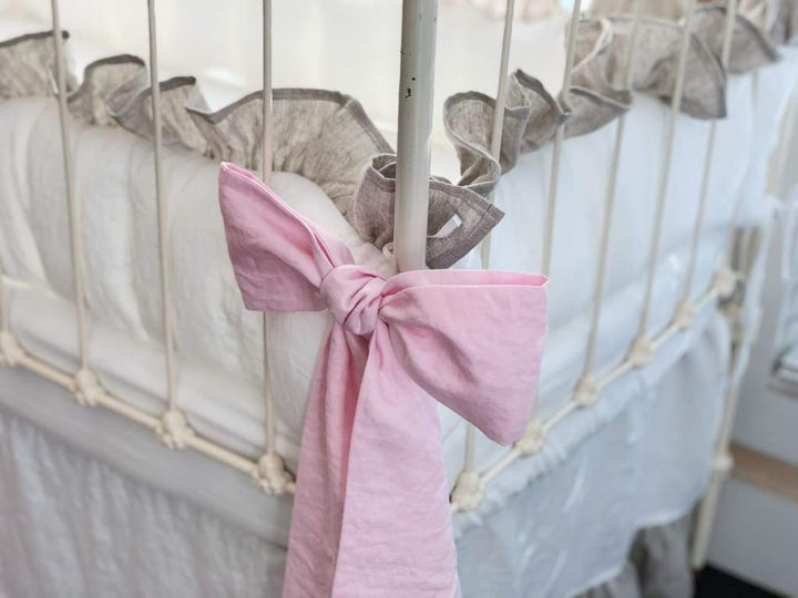 Ruffled Cottage Linen Crib Bedding | White + Oatmeal + Petal Pink