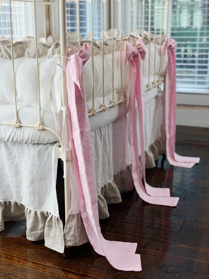 Ruffled Cottage Linen Crib Bedding | White + Oatmeal + Petal Pink