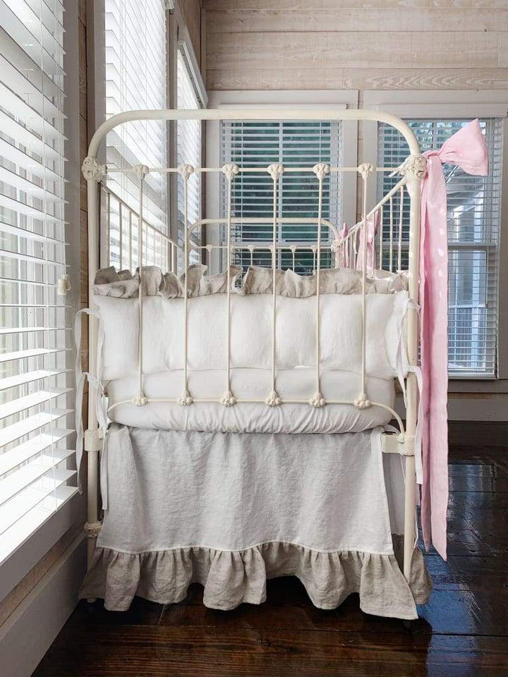 Linen Crib Bedding Set in White and Oatmeal and Petal Pink Bows - High Cotton Textile 