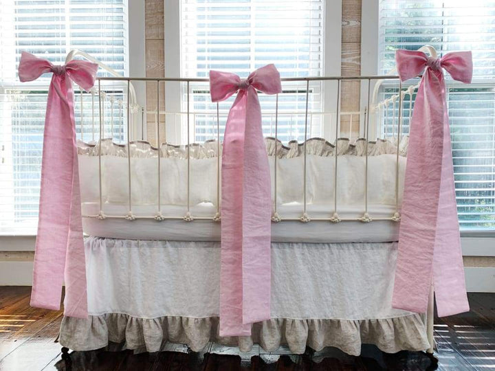 Linen Crib Bedding Set in White and Oatmeal and Petal Pink Bows - High Cotton Textile 