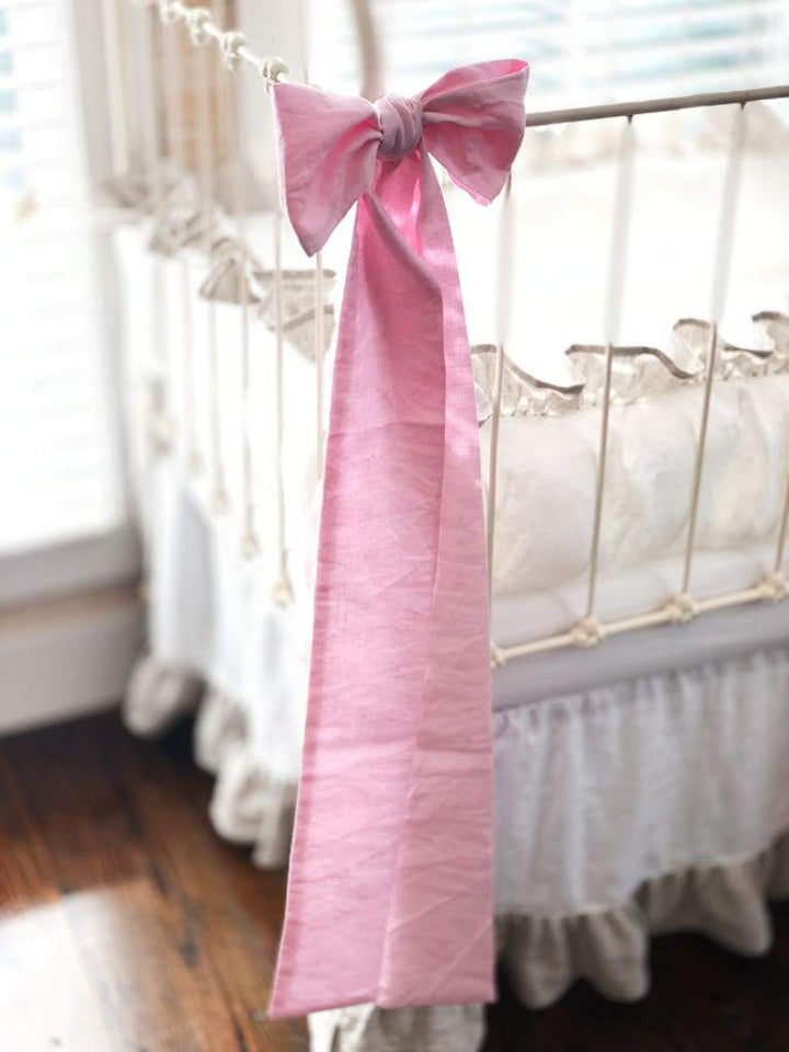 Ruffled Cottage Linen Crib Bedding | White + Oatmeal + Petal Pink