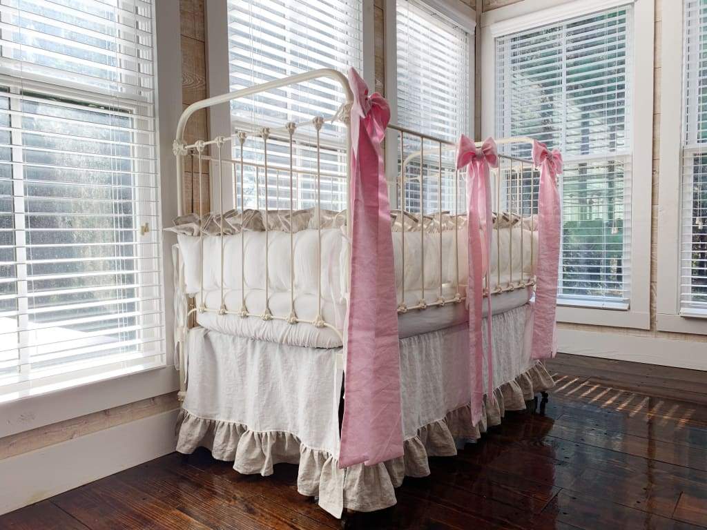 Linen Crib Bedding Set in White and Oatmeal and Petal Pink Bows - High Cotton Textile 