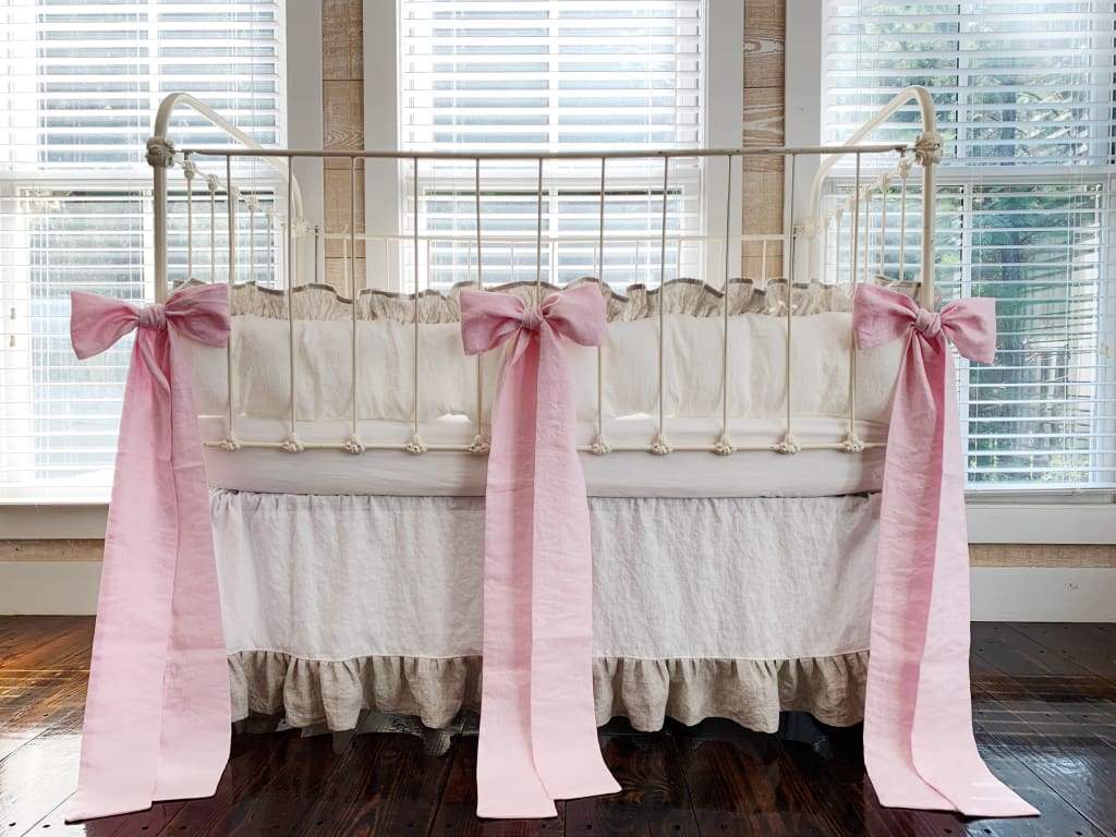 Linen Crib Bedding Set in White and Oatmeal and Petal Pink Bows - High Cotton Textile 