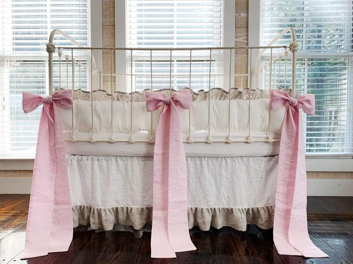 Linen Crib Bedding Set in White and Oatmeal and Petal Pink Bows - High Cotton Textile 