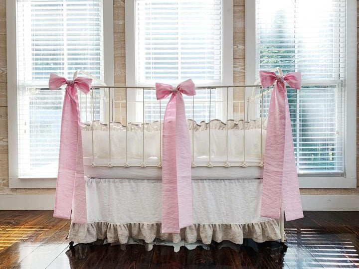 Linen Crib Bedding Set in White and Oatmeal and Petal Pink Bows - High Cotton Textile 