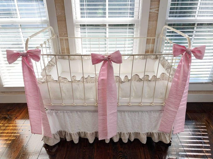 Linen Crib Bedding Set in White and Oatmeal and Petal Pink Bows - High Cotton Textile 