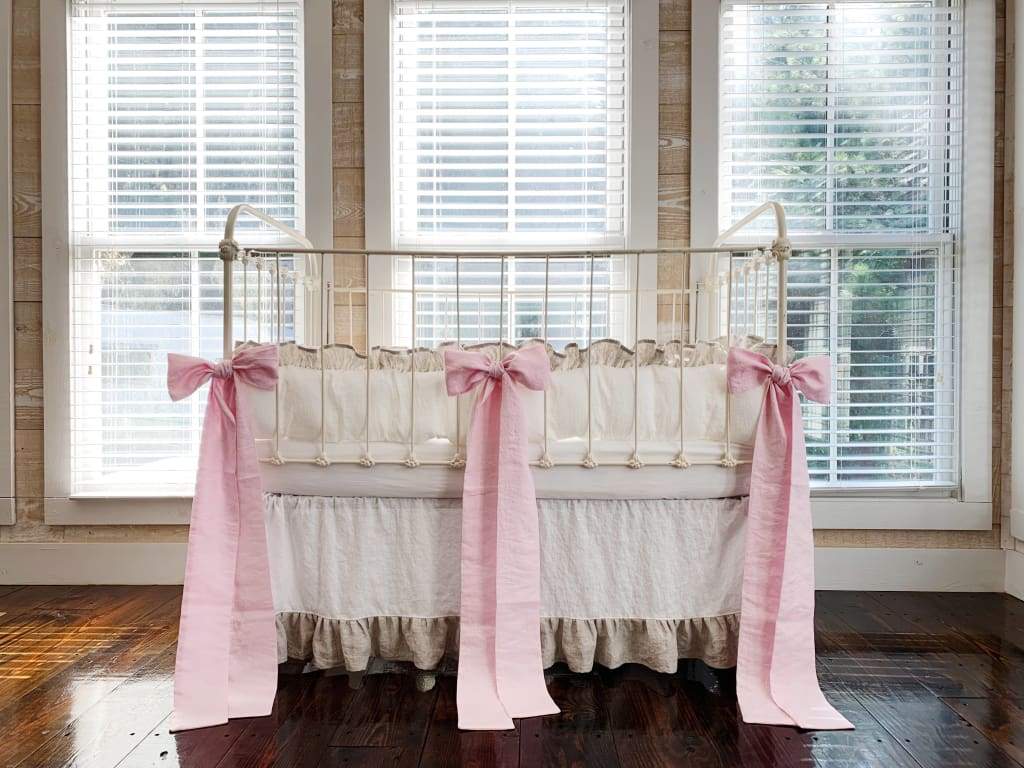 Linen Crib Bedding Set in White and Oatmeal and Petal Pink Bows - High Cotton Textile 