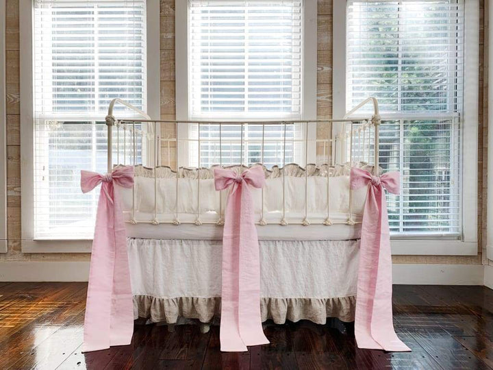 Ruffled Cottage Linen Crib Bedding | White + Oatmeal + Petal Pink