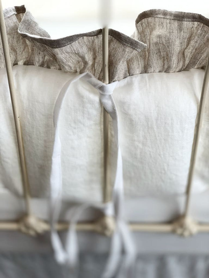 Ruffled Cottage Linen Crib Liners | White + Oatmeal