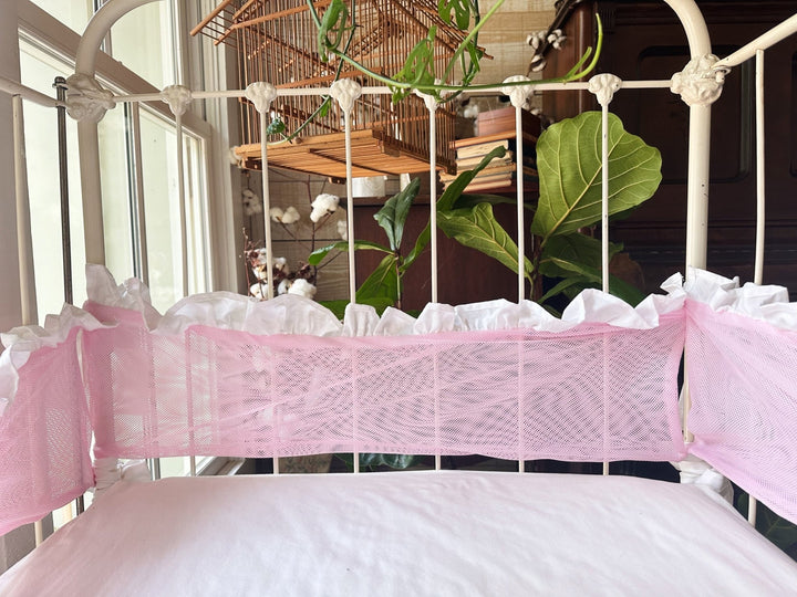 Mesh Ruffle Crib Liners handmade heirloom nursery - High Cotton Textile