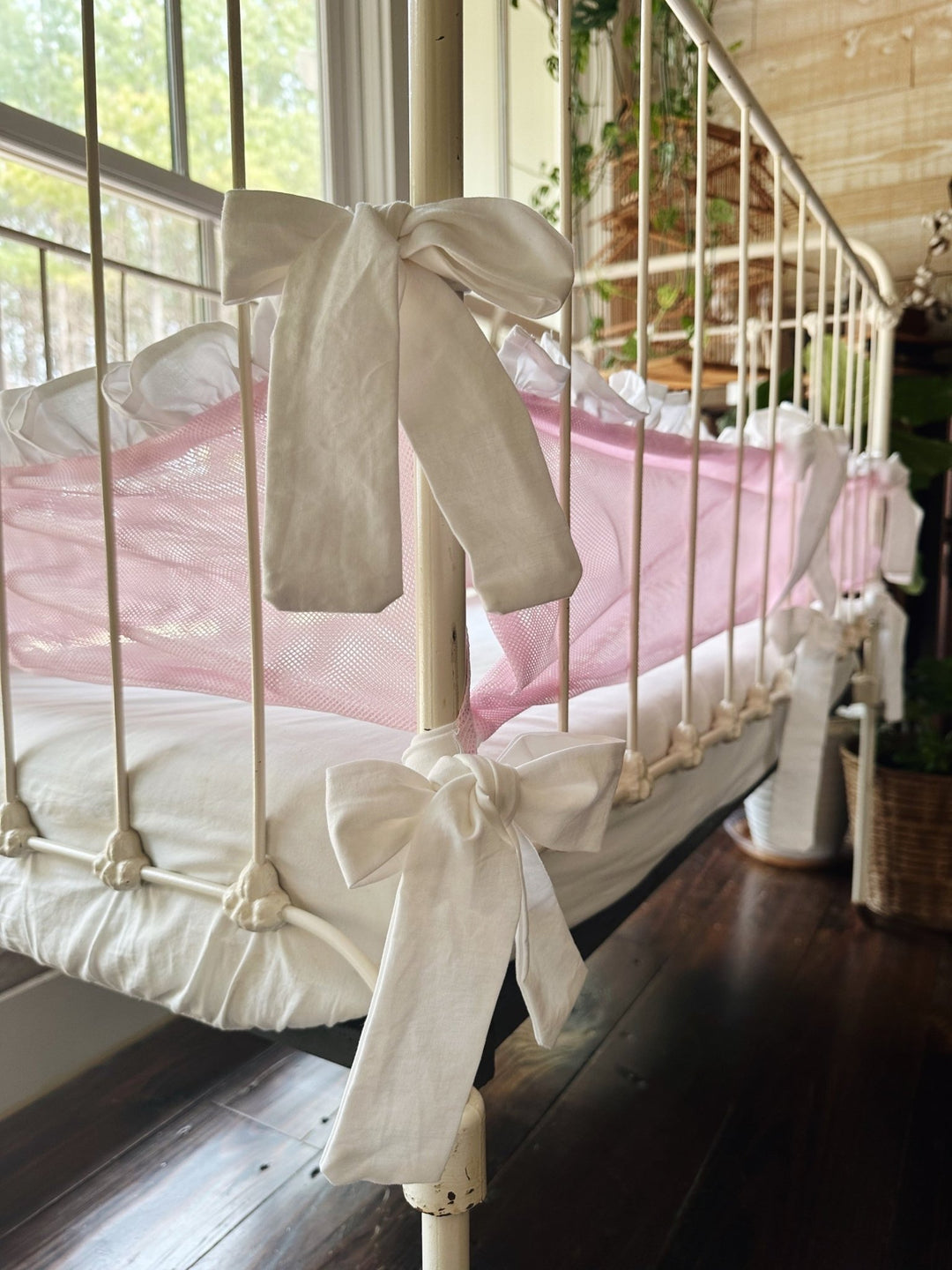 Mesh Ruffle Crib Liners handmade heirloom nursery - High Cotton Textile