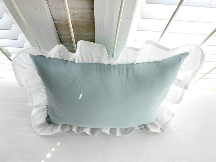 Mist and White Ruffled Crib Pillow handmade heirloom nursery - High Cotton Textile