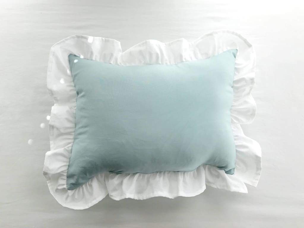 Mist and White Ruffled Crib Pillow handmade heirloom nursery - High Cotton Textile