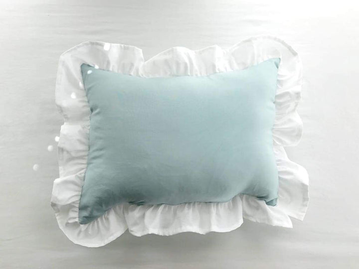 Mist and White Ruffled Crib Pillow handmade heirloom nursery - High Cotton Textile