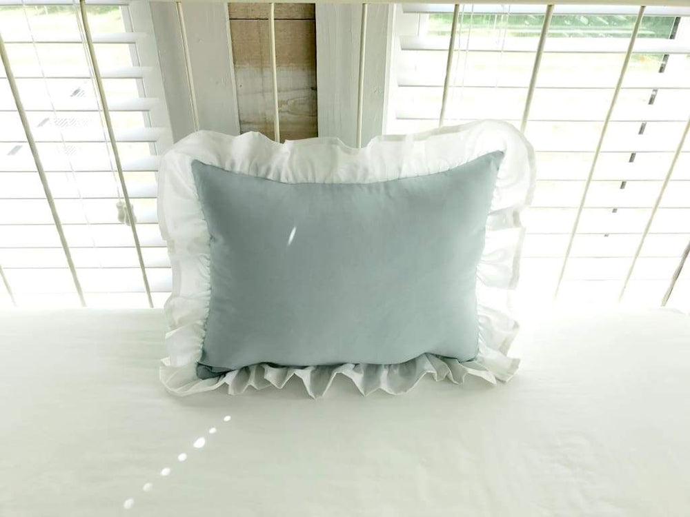Mist and White Ruffled Crib Pillow handmade heirloom nursery - High Cotton Textile