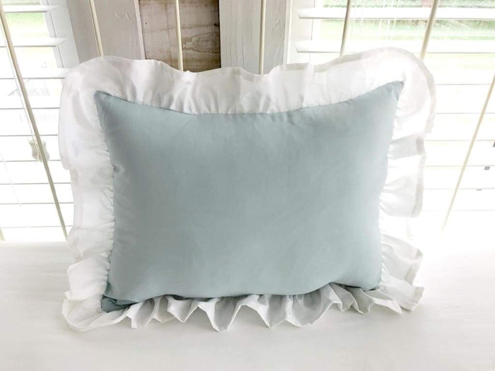 Mist and white ruffled crib pillow in washed cotton