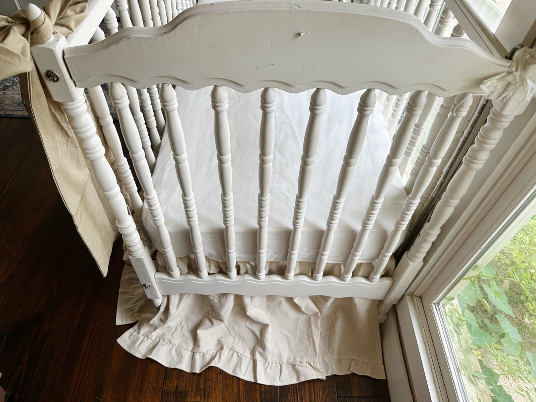 Neutral Ruffled Crib Skirt and Large Crib Bows Set handmade heirloom nursery - High Cotton Textile