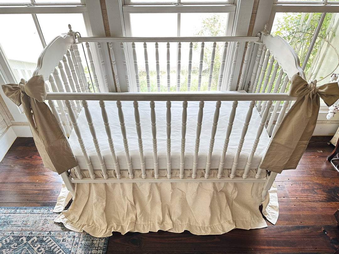 Neutral Ruffled Crib Skirt and Large Crib Bows Set handmade heirloom nursery - High Cotton Textile