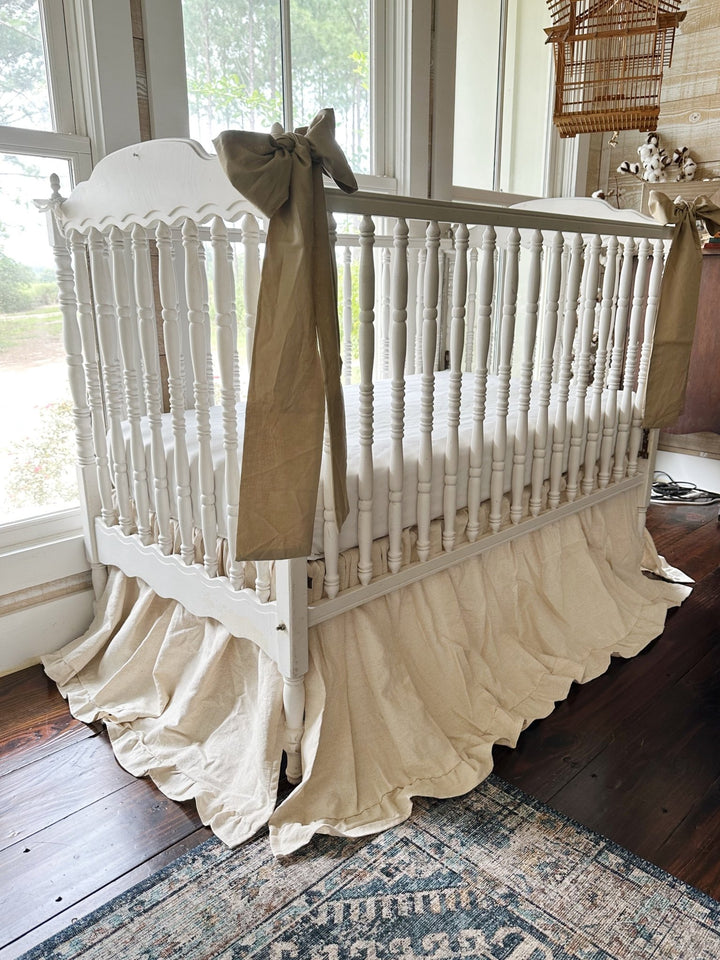 Neutral Ruffled Crib Skirt and Large Crib Bows Set handmade heirloom nursery - High Cotton Textile
