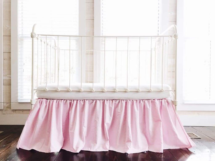 Parfait pink farmhouse crib skirt in washed cotton, 20-inch drop with split corners