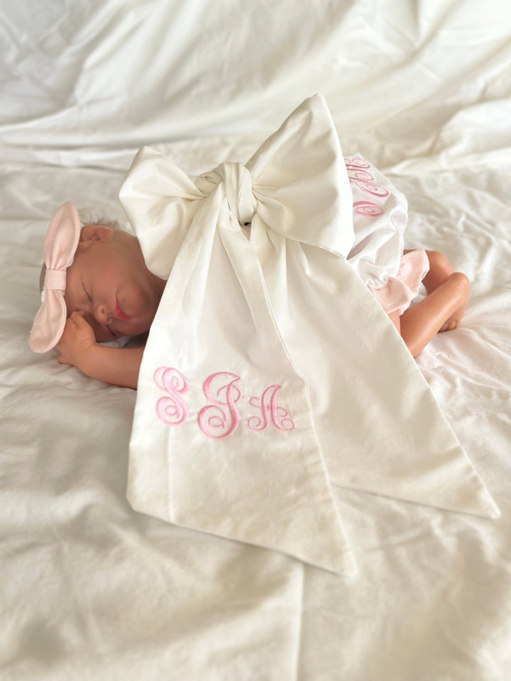 Personalized Baby Bow Sash for Newborn Photos handmade heirloom nursery - High Cotton Textile