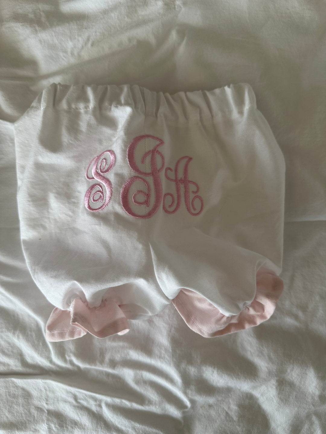 Personalized heirloom newborn ruffled bloomers handmade in Alabama