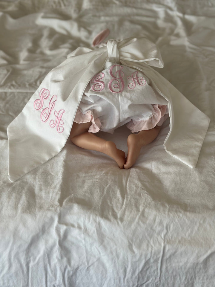 Personalized heirloom newborn ruffled bloomers handmade in Alabama — view 3