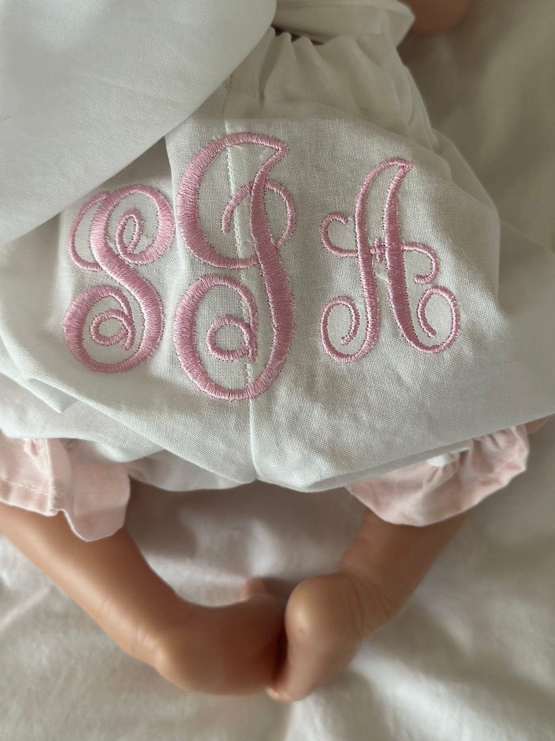 Personalized heirloom newborn ruffled bloomers handmade in Alabama — view 4