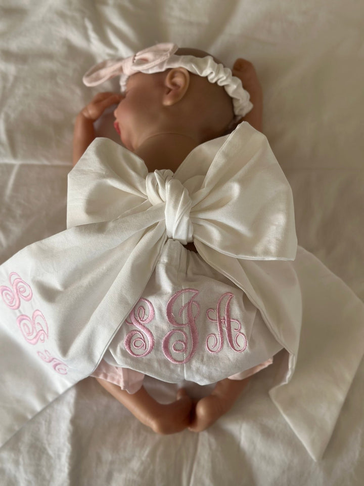 Personalized Newborn Photo Set — Bloomers, Bow Sash & Headband handmade heirloom nursery - High Cotton Textile