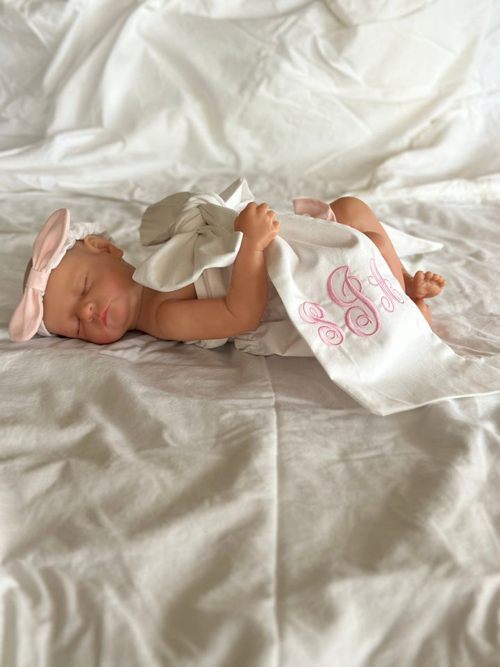 Personalized Newborn Photo Set — Bloomers, Bow Sash & Headband handmade heirloom nursery - High Cotton Textile