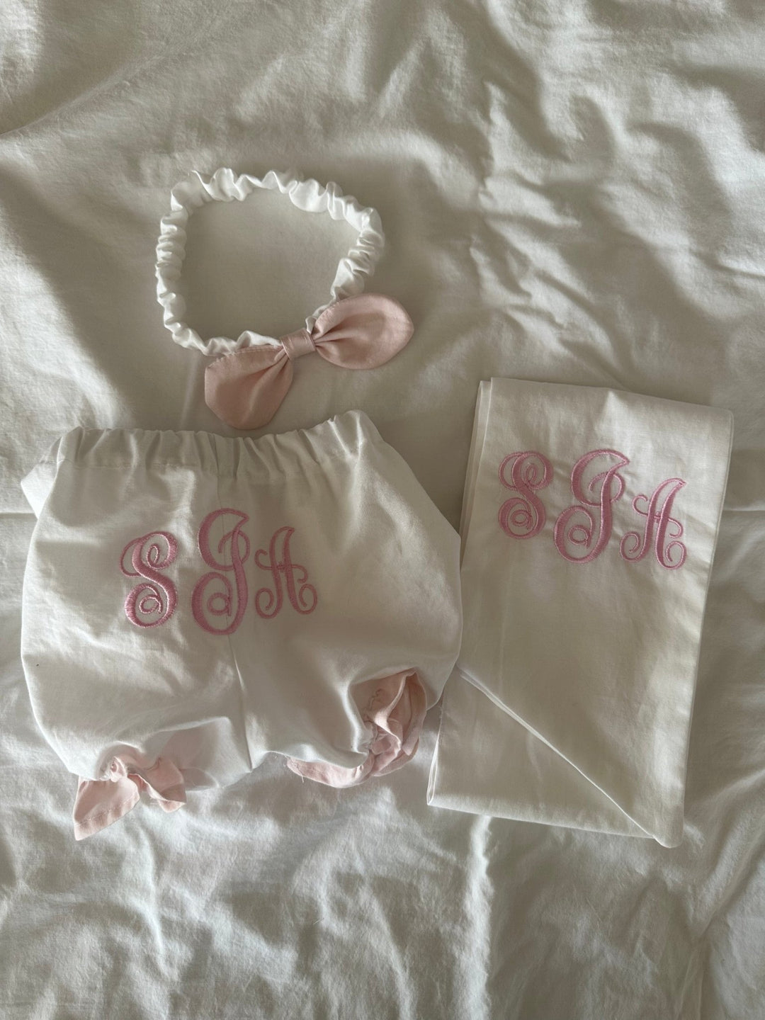 Personalized Newborn Photo Set — Bloomers, Bow Sash & Headband handmade heirloom nursery - High Cotton Textile