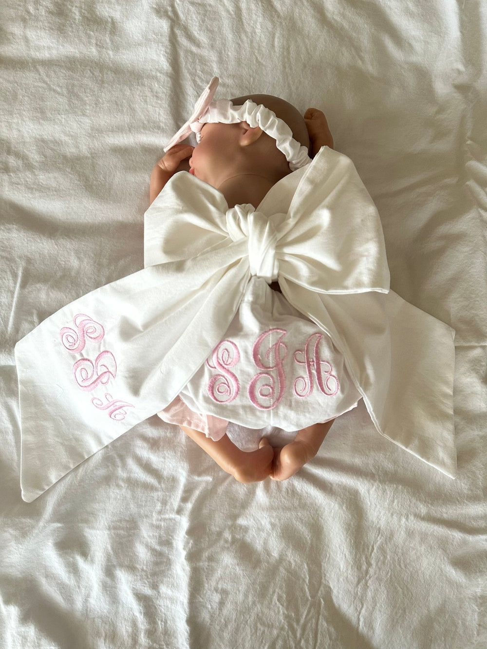 Personalized Newborn Photo Set — Bloomers, Bow Sash & Headband handmade heirloom nursery - High Cotton Textile