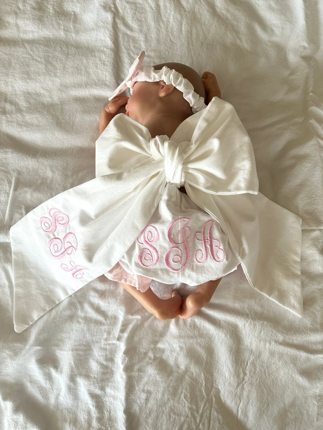 Personalized Newborn Photo Set — Bloomers, Bow Sash & Headband handmade heirloom nursery - High Cotton Textile
