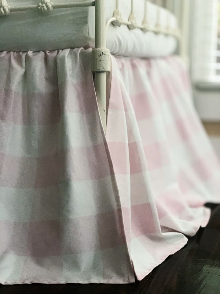 Pink Buffalo Check Farmhouse Crib Skirt handmade heirloom nursery - High Cotton Textile