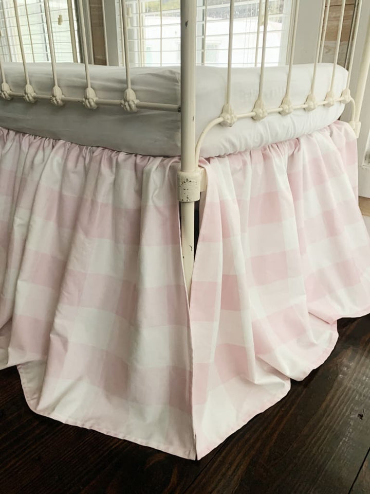 Pink Buffalo Check Farmhouse Crib Skirt handmade heirloom nursery - High Cotton Textile