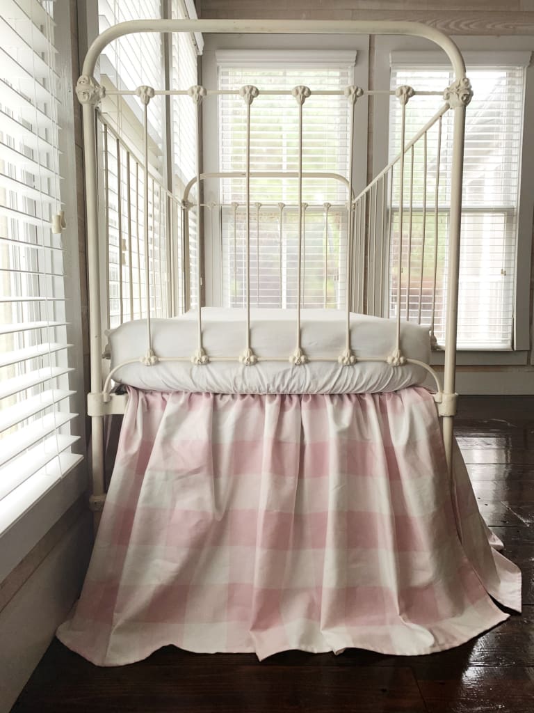 Pink Buffalo Check Farmhouse Crib Skirt handmade heirloom nursery - High Cotton Textile