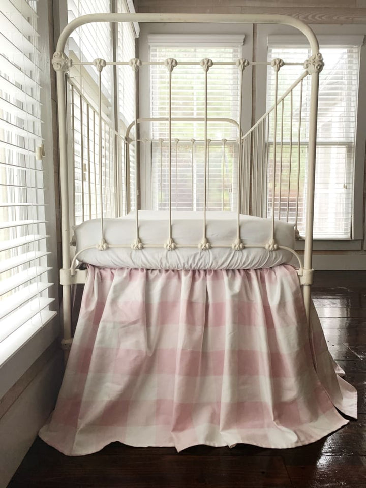 Pink Buffalo Check Farmhouse Crib Skirt handmade heirloom nursery - High Cotton Textile