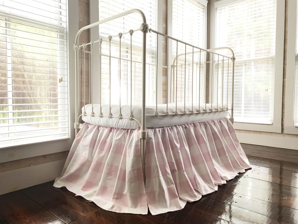 Pink Buffalo Check Farmhouse Crib Skirt handmade heirloom nursery - High Cotton Textile
