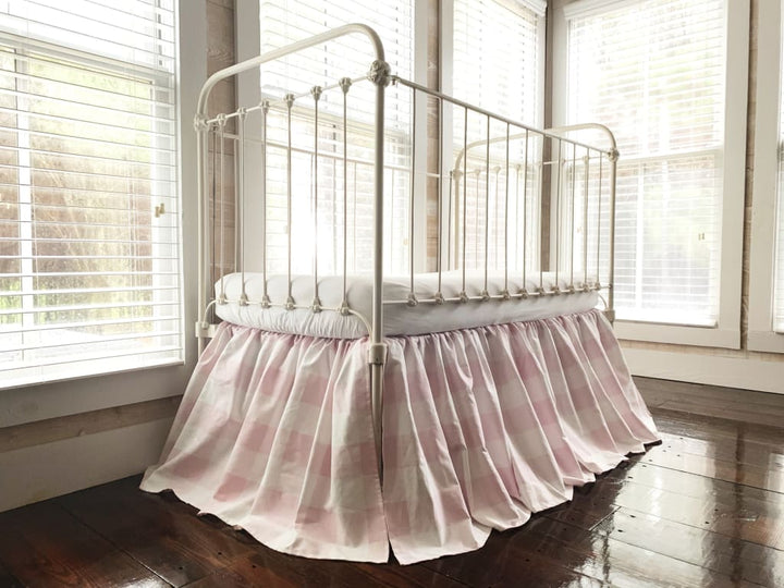 Pink Buffalo Check Farmhouse Crib Skirt handmade heirloom nursery - High Cotton Textile