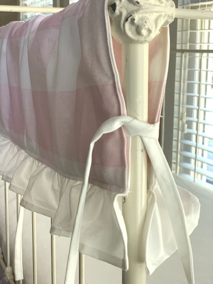 Pink Buffalo Check Ruffle Crib Rail Cover – Personalized Option Available handmade heirloom nursery - High Cotton Textile
