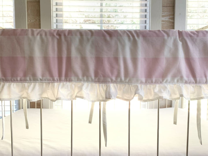 Pink Buffalo Check Ruffle Crib Rail Cover – Personalized Option Available handmade heirloom nursery - High Cotton Textile