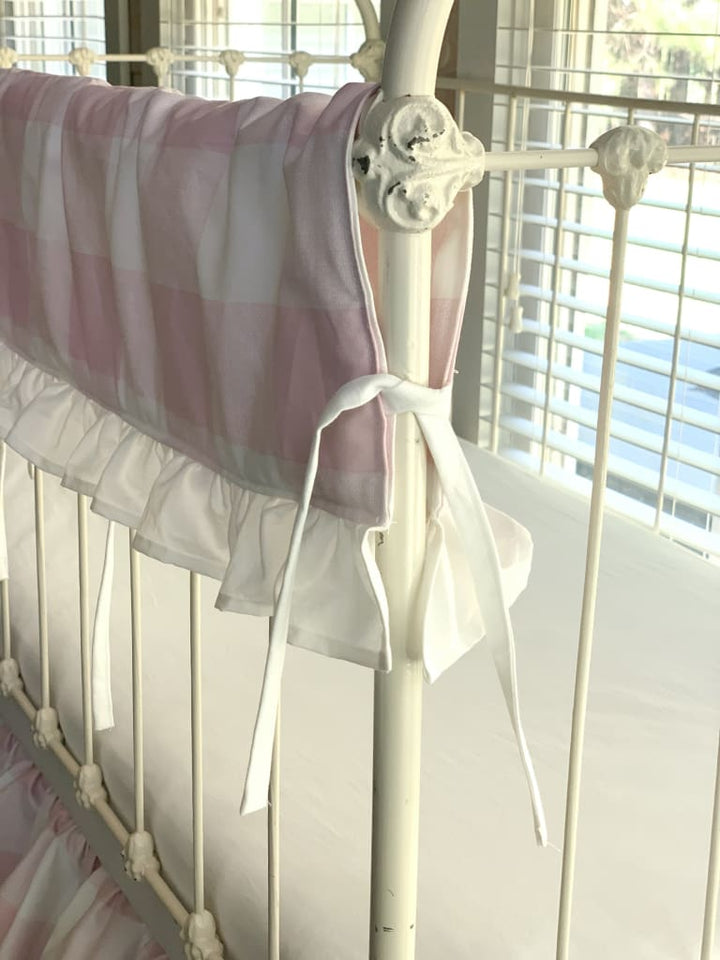 Pink Buffalo Check Ruffle Crib Rail Cover – Personalized Option Available handmade heirloom nursery - High Cotton Textile
