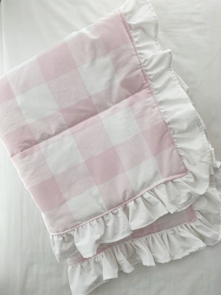 Pink Buffalo Check Ruffled Crib Quilt handmade heirloom nursery - High Cotton Textile